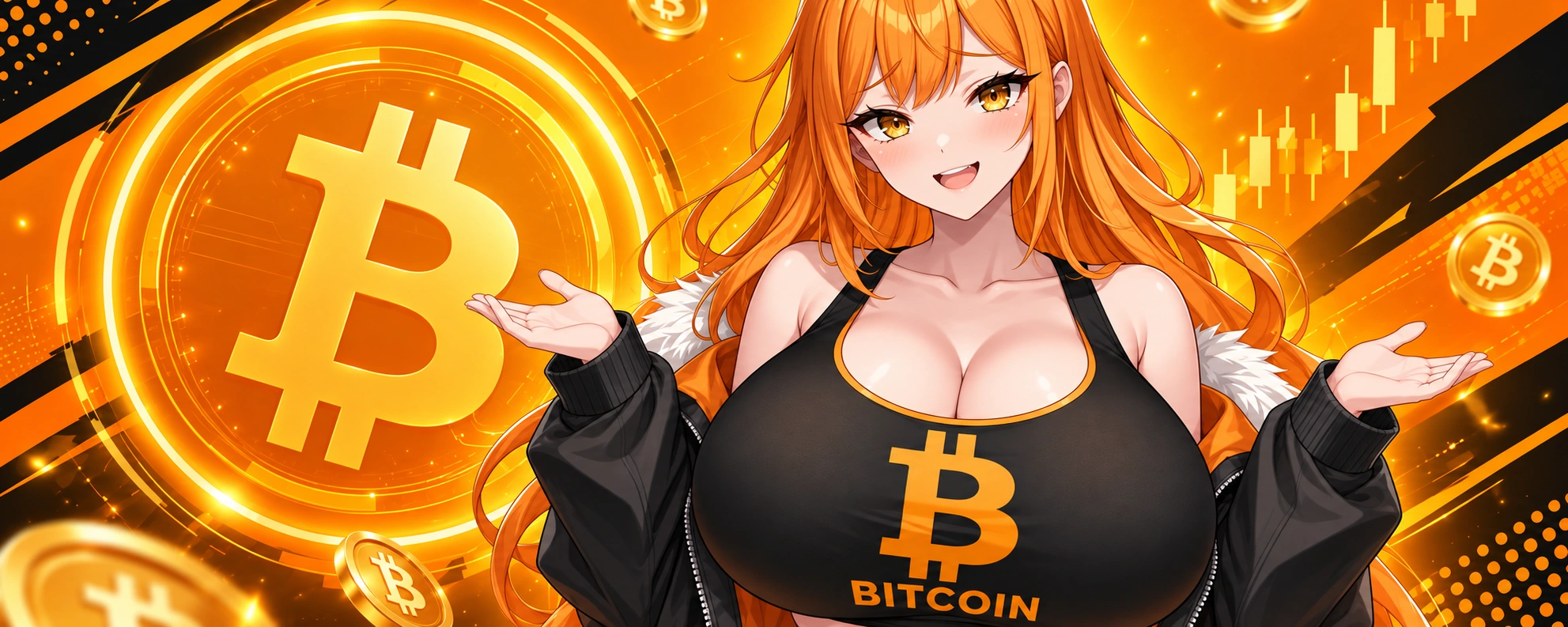 The $BTC character in her orange Bitcoin world